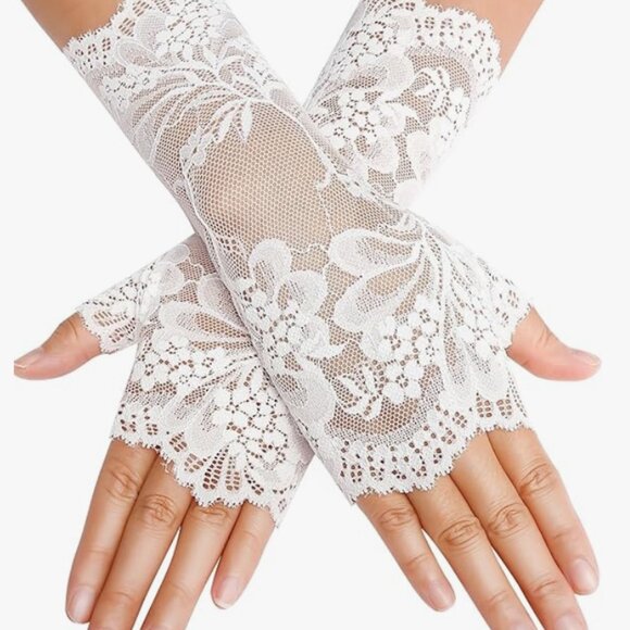 Two Pack of Short Fingerless Lace Gloves, Black and White - Picture 2 of 4
